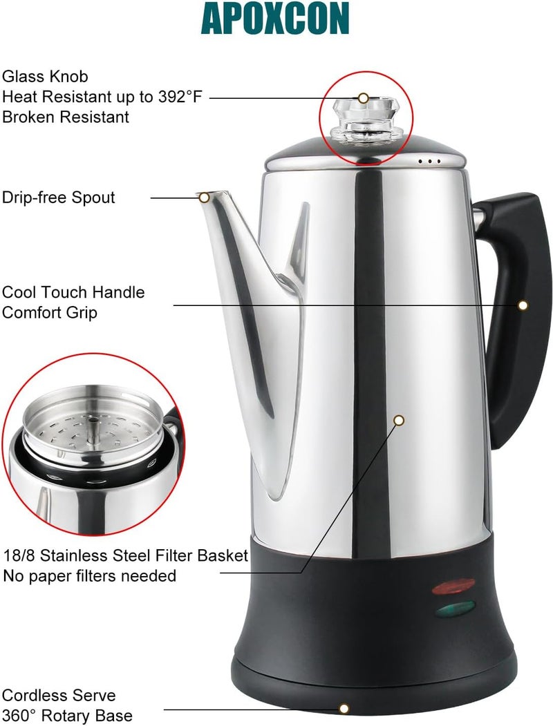 APOXCON Electric Coffee Percolator Stainless Steel Coffee Maker with Two Heat Resistant Tough Glass Clear Brew Progress Knob Classic Look Keep Warm & Cordless Serving Coffee Pot 12 Cup - Image 3